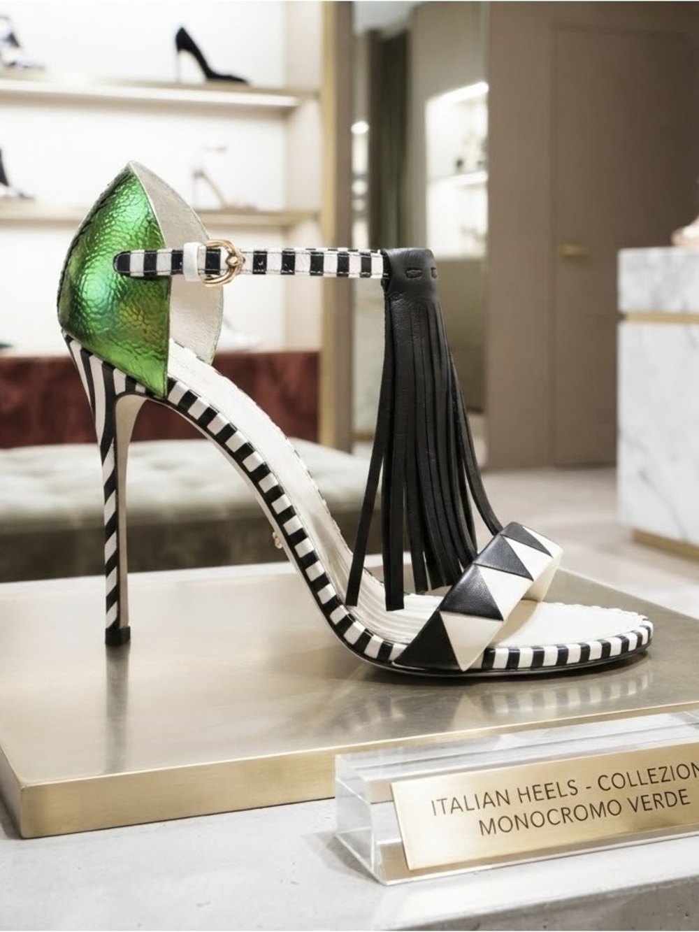 Sergio Rossi Green & Black Fringe High Heel Sandals